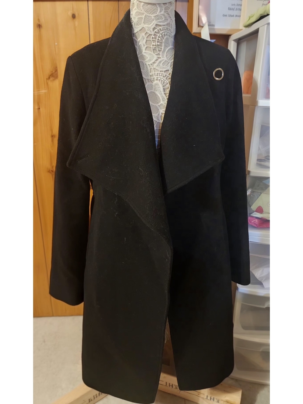 Women's Black Draped Open Front Coat